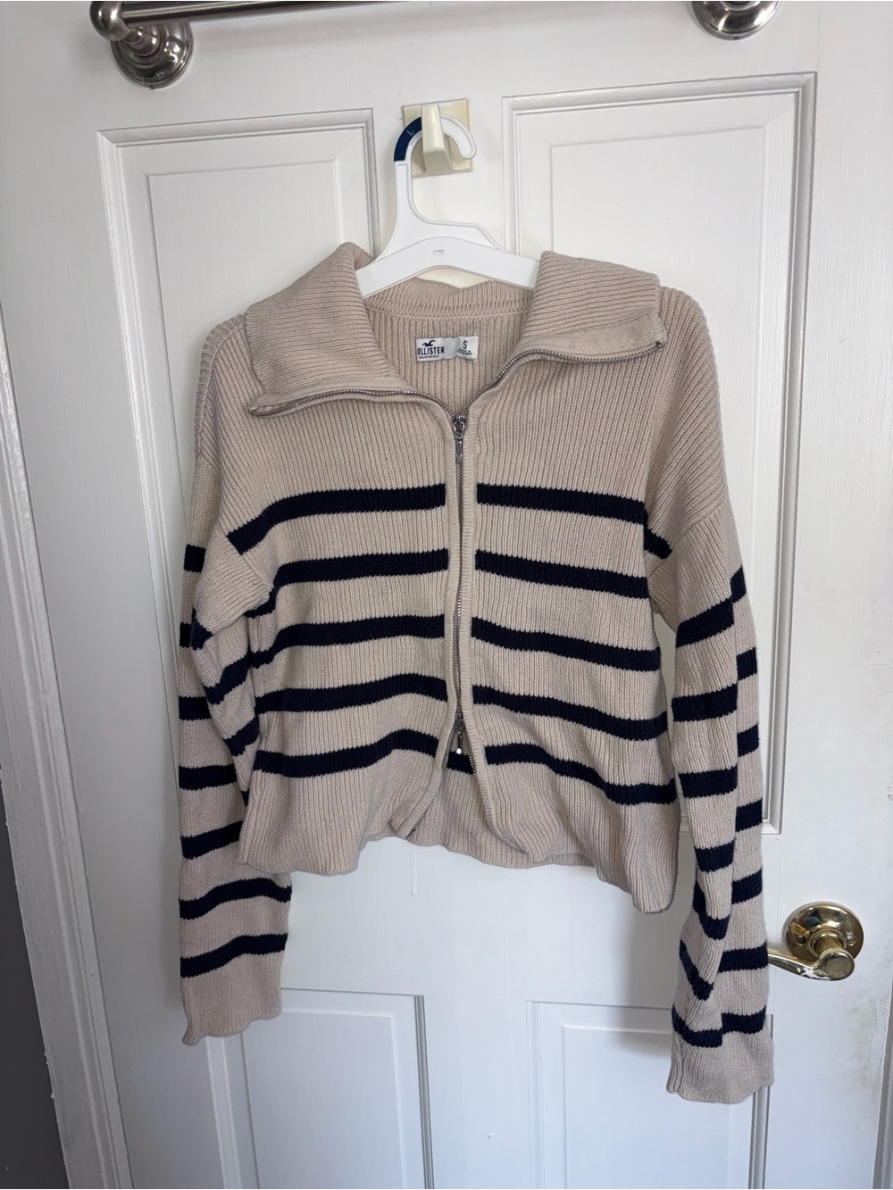 Hollister Beige and Navy Striped Zip-Up Cardigan